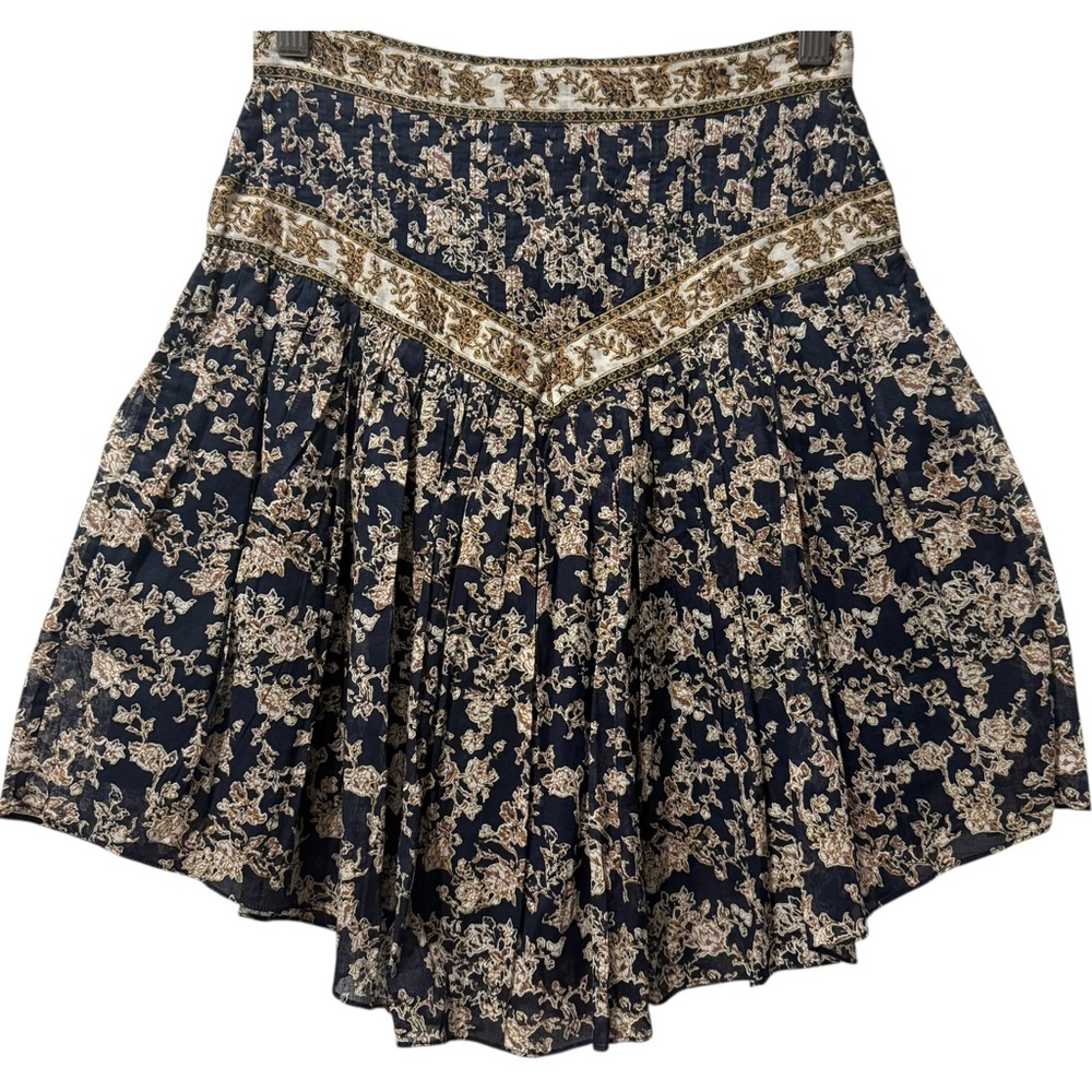 Isabel Marant Etoile Valerie Floral Pattern Navy Mini Skirt with Cream Accents